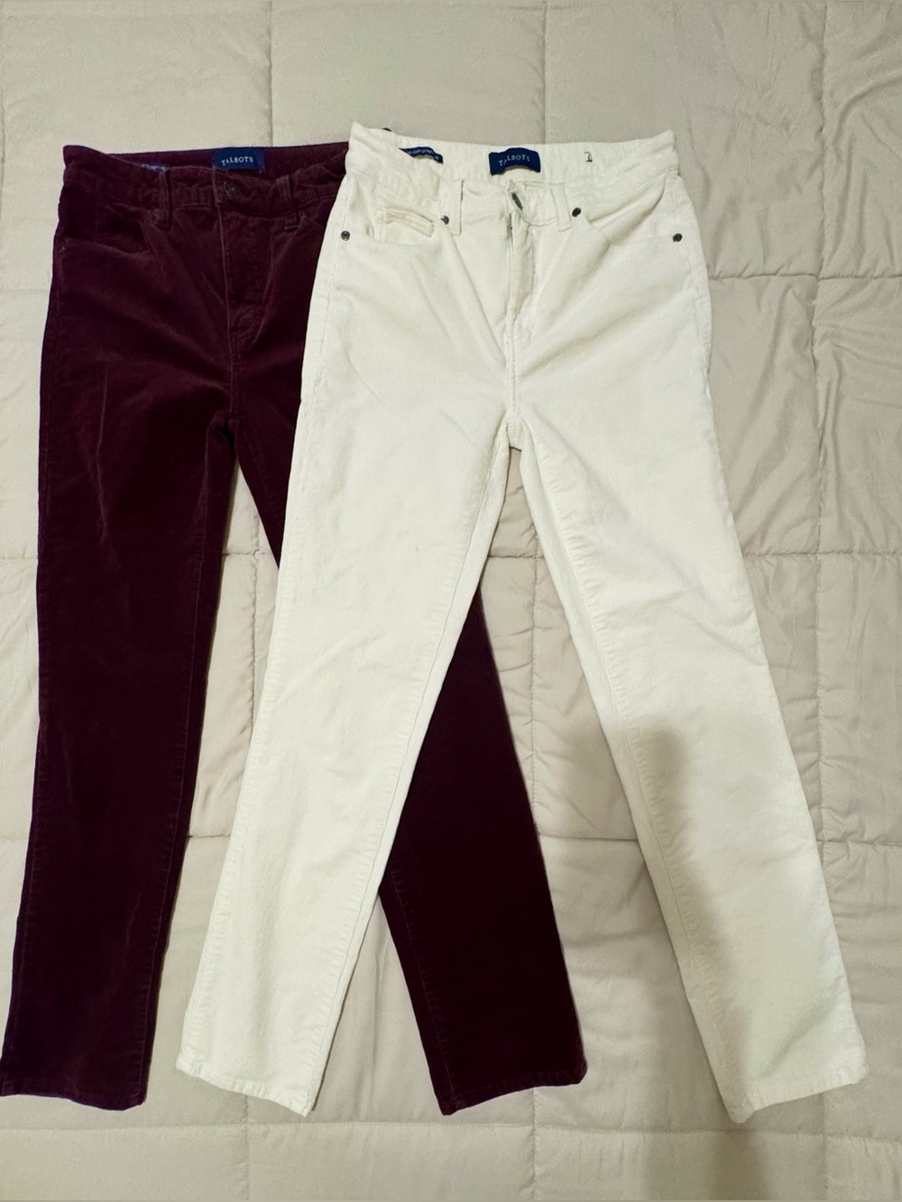 Talbots Skinny Corduroy Pants in Cream and Burgundy